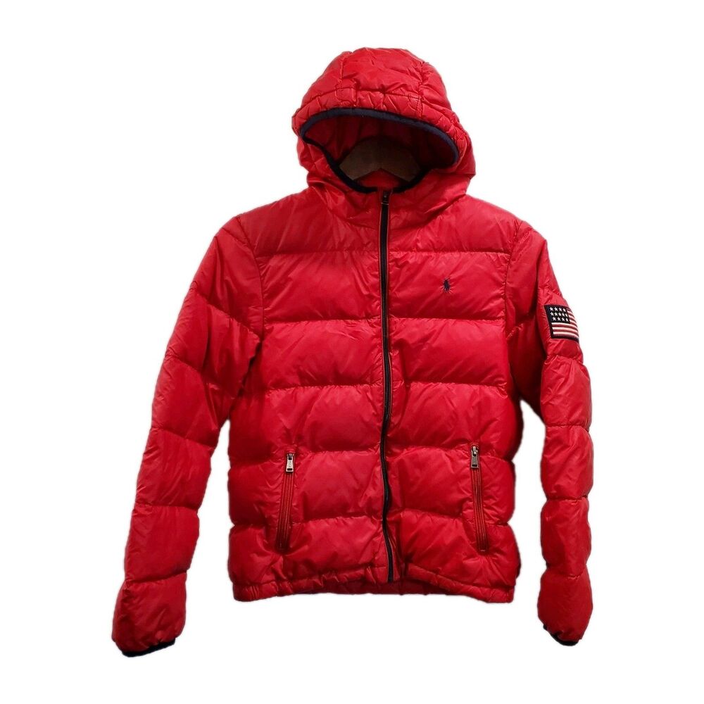 Polo Ralph Lauren Red Puffer Full Zip Youth Jacket Hooded Boys L (14-16) Down